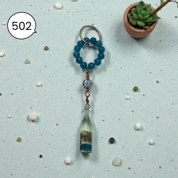 Handmade Accessories - Handmade Teal Beaded Mini Bottle Keychain
